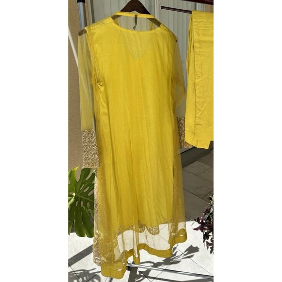 Origins Size M A-Line Front Open Shirt with Trouser - Lime Yellow - Net Silk - Picture 4 of 5